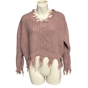 Love Tree size small Distressed Knit Sweater - dark pink deep V neck